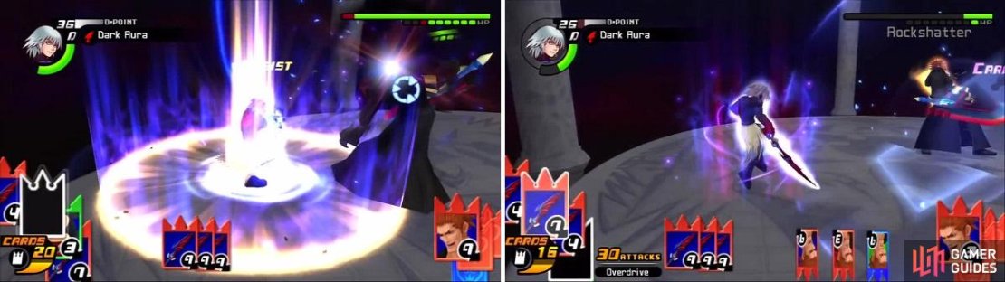 Lexaeus takes damage from Dark Aura (left). Riku is able to break Lexaeus&rsquo; Rockshatter with Dark Aura (right).