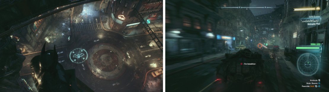 Hit the LB/L1 button to summon the Batmobile (left). Chase down the target and use the Immobiliser (right).