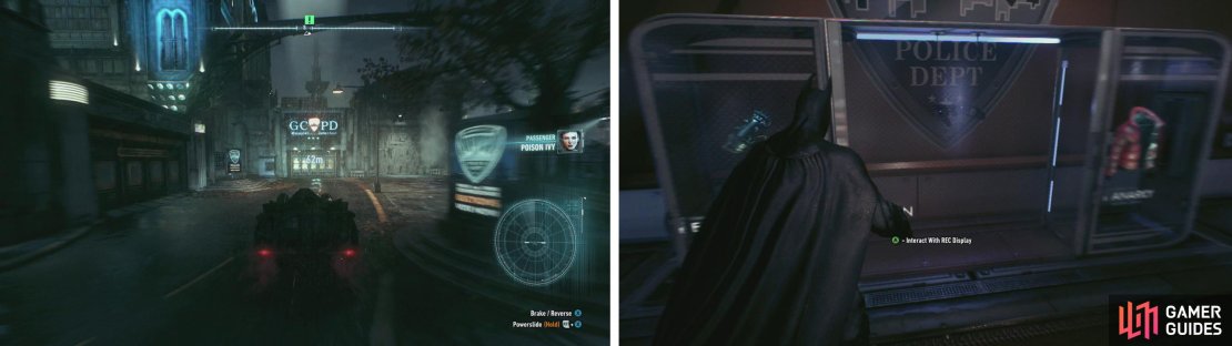 Retun to the GCPD HQ (left). Inside, check the &lsquo;Evidence Room&rsquo; for the Remote Electrical Charge gadget (right).