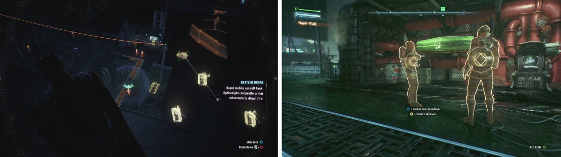 We&rsquo;ll need to eliminate the guards here quietly (left). Use a Fear Multi-Takedown to eliminate the pair of guards (right)
