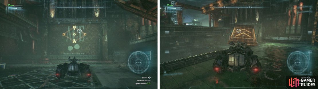 Shoot the weak wall (left). Then re-position the ramp (right) to jump into the hole.
