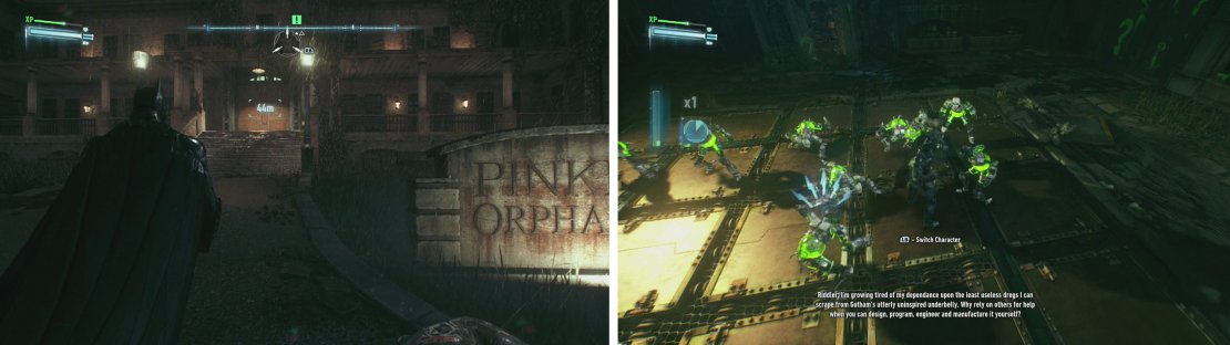 Make your way to Pinkney Orphanage (left). Inside you&rsquo;ll need to fight off a group of Riddler Robots (right)