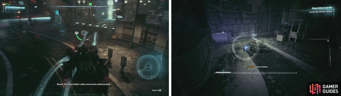 When you reach the end of the trail you&rsquo;ll find a crash site (left). Inspect the various pieces of evidence (right) to continue.