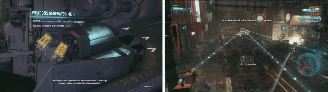 After picking up your new Batmobile Upgrade (left), you&rsquo;ll be ambushed by Drone Tanks (right).