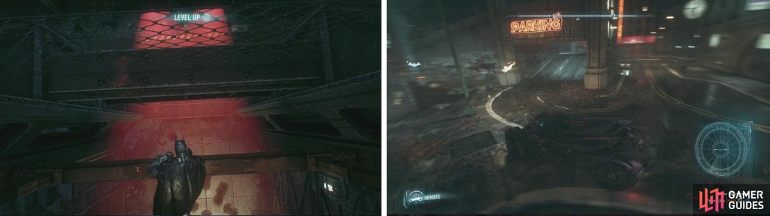 Upon returning to the roof, grapple up to the girders above (left). Use Remote Batmobile Control and dive to the top of the car park (right) to elimnate the ambushers.