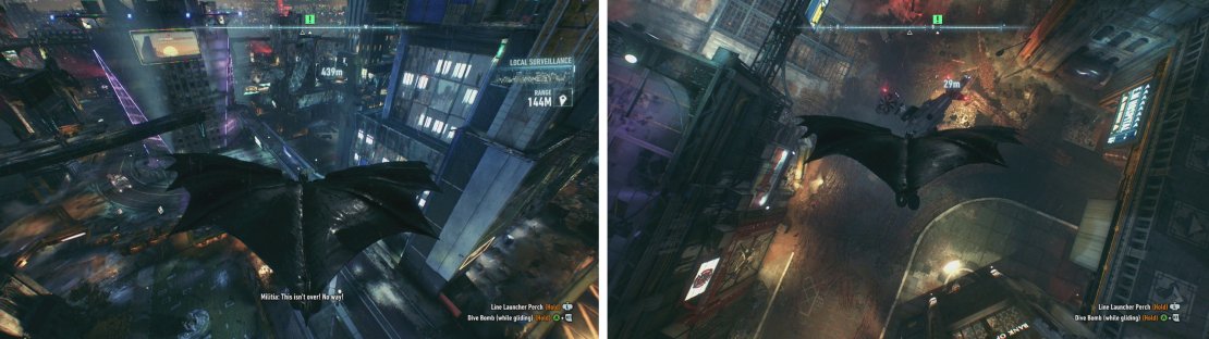 Follow the objective marker to the Drone (left). When you find it, dive down from above to land on it (right).