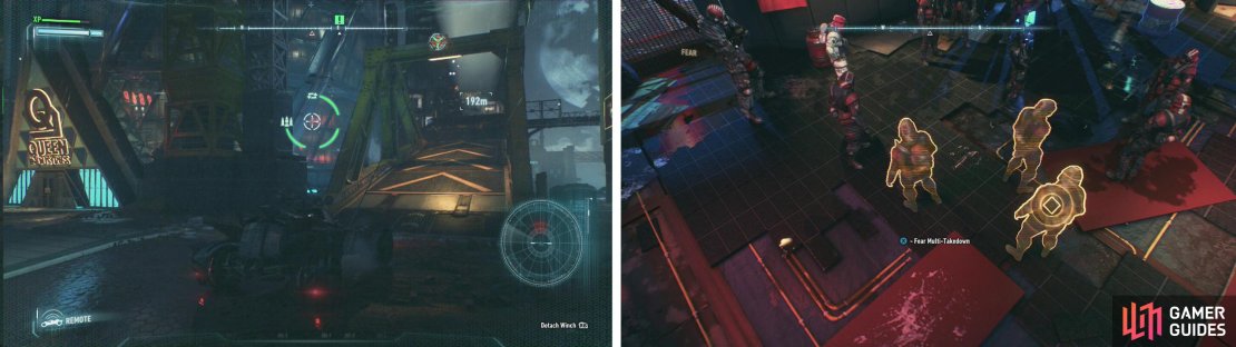 Interact with the ramp in the Batmobile (left). Use a Fear multi-Takedown when the room fills with enemies (right) - try to get a Medic!