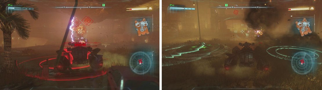 Use dodge to avoid the red grenade indicators and shoot down the missiles (left). Focus on shooting the yellow weak spot on the front of the tank (right).
