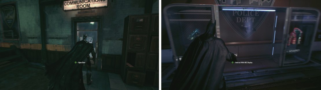In the GCPD precinct go to the &lsquo;Communications Room&rsquo; (left). Head to the &lsquo;Evidence Room&rsquo; and grab the Remote Electrical Charge gadget (right).