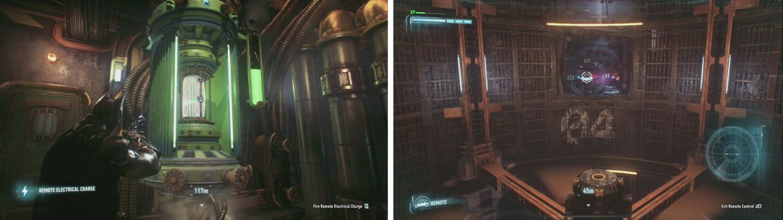 Use the Remote Electrical Charge on the generators (left). Drive down past the stopped fan and destroy the weak wall opposite (right).