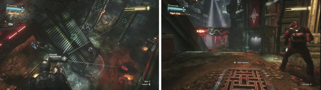 Use the escalators to create distractions (left) and the vents for silent takedowns (right).