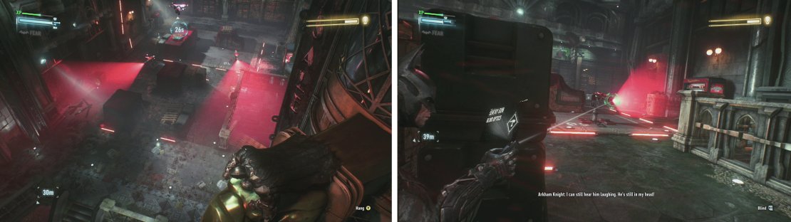 We&rsquo;ll need to work our way through the Sentry Turrets (left), be sure to use your Remote Hacking Device to blind them (right).