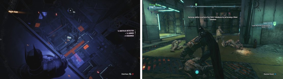 The final firefighter requires Predator action (left). There are plenty of environmental factors available, but the floor is still the easiest (right).