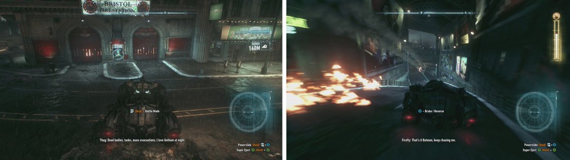 At each location you&rsquo;ll need to use the Power Winch (left) and then chase the target in the Batmobile whilst avoiding the fire (right).