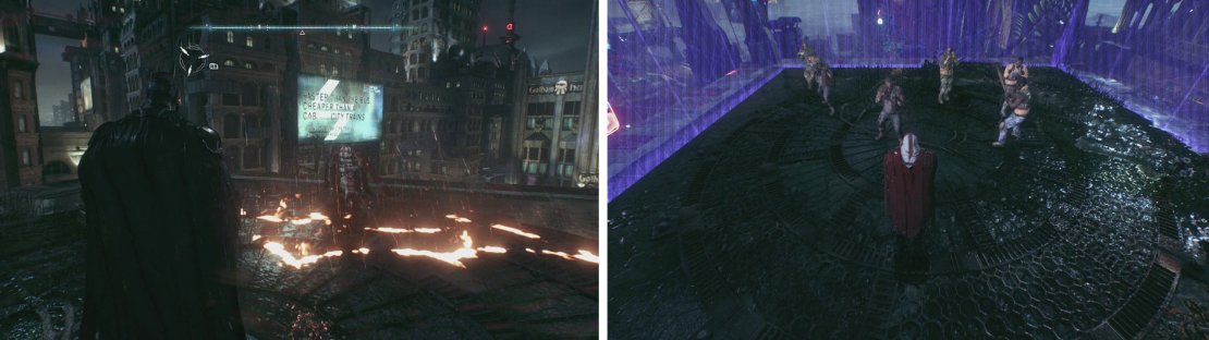You&rsquo;ll find Azrael by burning bat symbols (left) and you&rsquo;ll have to complete combat challenges (right)