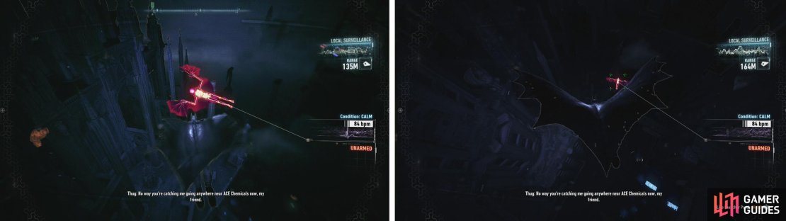 You&rsquo;ll find Man-Bat flying around Miagani Island (left). We need to fly into him to trigger a scene (right).
