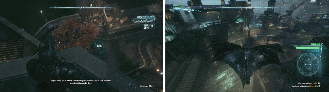 Use the Disruptor on the van (left) and follow it to the destination. Make sure you disable the sniper&rsquo;s weapon (right) before approaching.