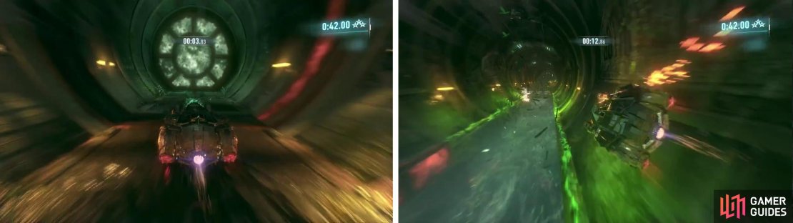 More circular doors will appear on the final lap (left). On the final lap, you&rsquo;ll need to race along the wall (right).