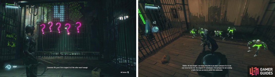 Hit the &lsquo;?&rsquo; buttons in order (left) and then fight the Riddler Robots that appear (right).