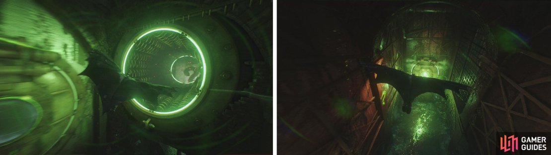 Fly through the circular tunnel on the wall near the second switch (left). On the other side you&rsquo;ll find the final pressure plate (right).