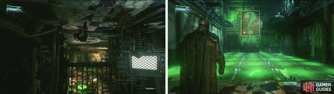 Use the roof to get over the fence (left). We&rsquo;ll now need to cross a pair of electrified floors (right).
