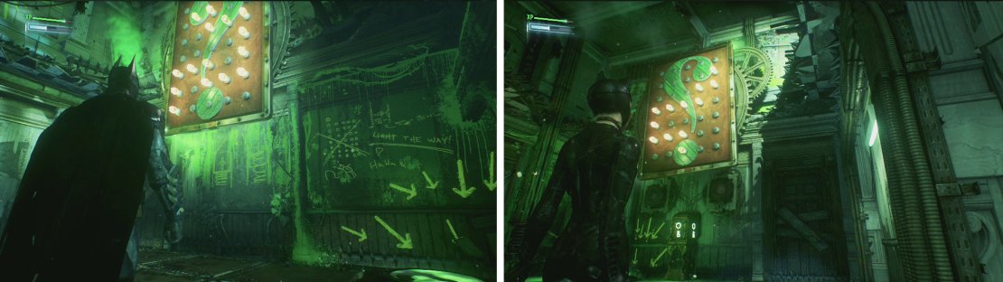 Catwoman&rsquo;s path (left) and Batman&rsquo;s path (right).