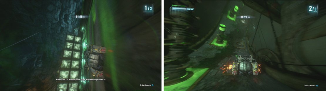 The first two laps involve red and white crushing floors (left) and green spinning spikes we can&rsquo;t manipulate (right).