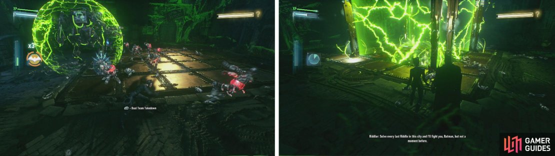 You&rsquo;ll need to defeat all of the Riddler Robots to proceed (left). If you haven;t find all the Riddler Trophies yet, the Riddler will escape (right).