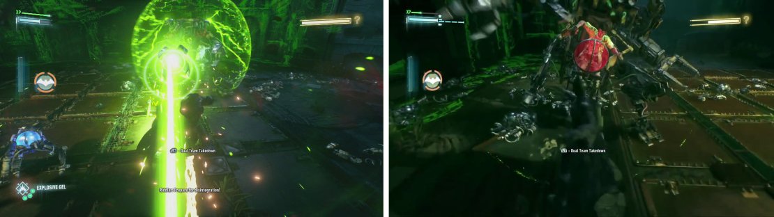 You&rsquo;ll want to dodge the death lasers (left). Approach and attack the boss when the shield goes down (right).