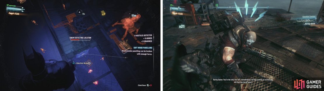 Detective Mode Scanners will cause a red bar to appear (left). The Minigunners need to be eliminated last (right).
