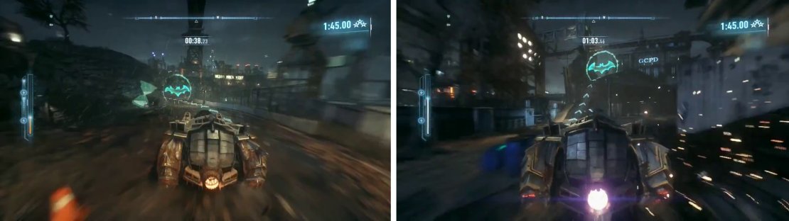 Only pick up the hourglass icons when necessary (left). Make sure you boost up this ramp to make a short jump (right).
