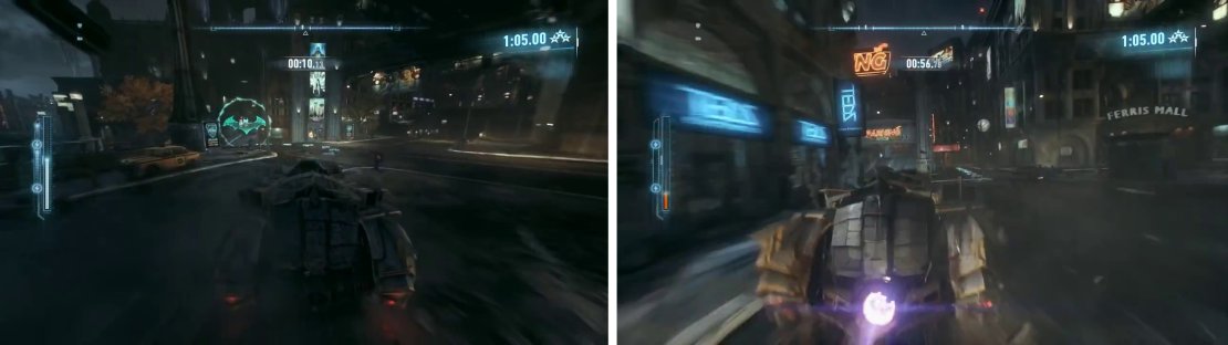 Drive through the green rings (left). Use Afterburner on the straights to gain speed (right).