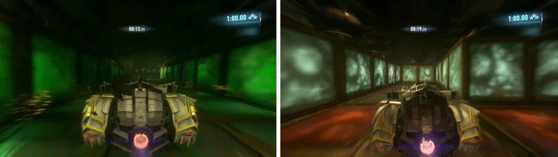 Avoid the green crushers (left) and make sure you are on safe ground (right) before switching crushing floors.