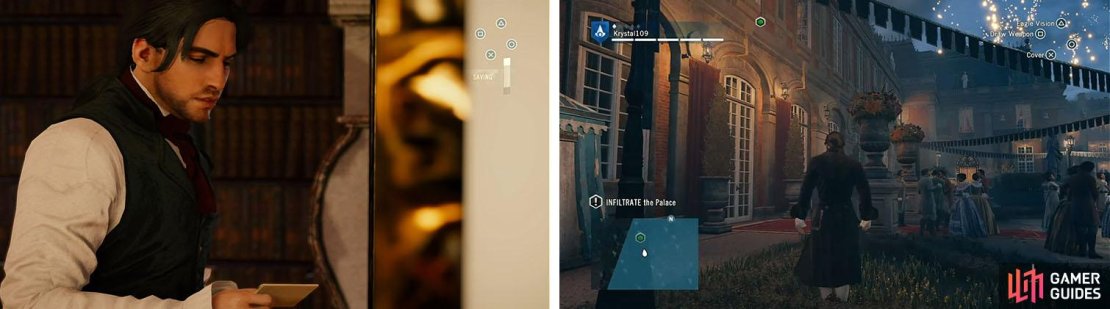 Drop the letter under De La Serre&rsquo;s door (left). At the party make your way through the party to the infiltration point and climb up (right).