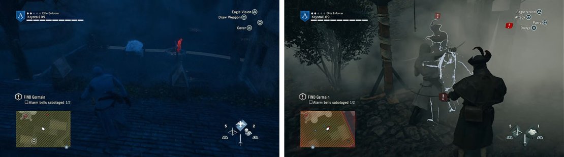 Sneak into the opposite courtyard when no one is looking (left). If you&rsquo;re detected, camp the bell and use Smoke Bombs to kill the guards (right).