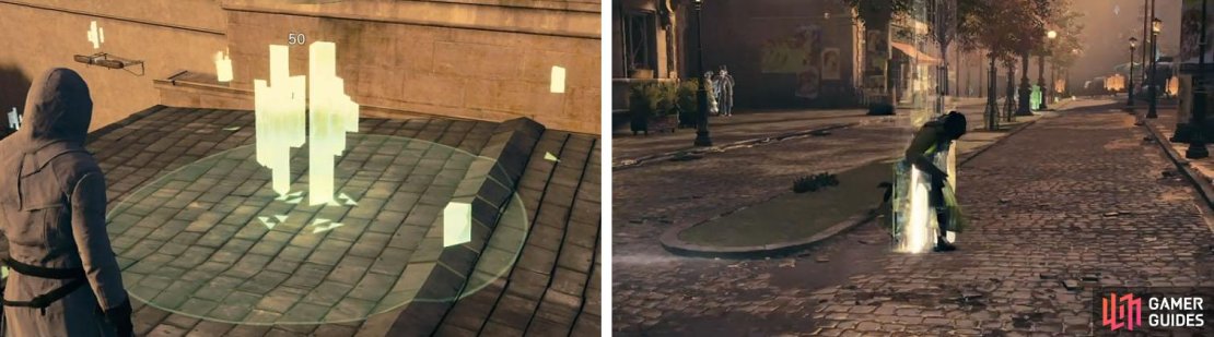Green data is with 50 pts, but you must stand on it for a few second to decrypt it (left). Trapped Assassin&rsquo;s are worth 250 - 1,000 pts and must be received (right).