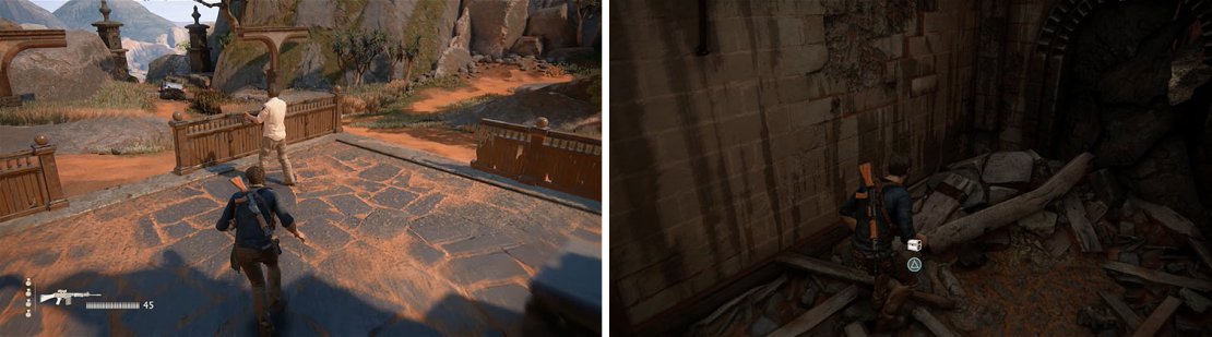 The remainder of the enemies can be dealt with by sneaking behind them (left). Don&rsquo;t forget to also blow the dynamite and collect the treasure (right).