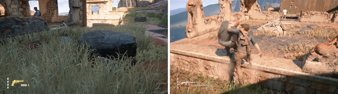 Use the tall grass for cover as the enemies walk by (left). Once they&rsquo;ve past you, follow them to deal with them easily (right).