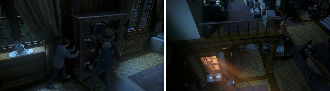 Use the bookcase the jump back on the upper balcony, where you&rsquo;ll find a treasure.