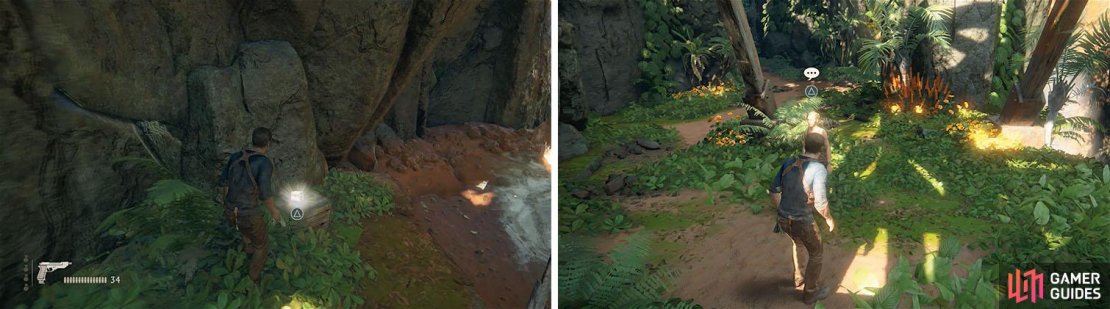 Drop down to the other side of the bridge for a treasure (left) and don&rsquo;t miss the optional conversations with Elena near the elevator (right).