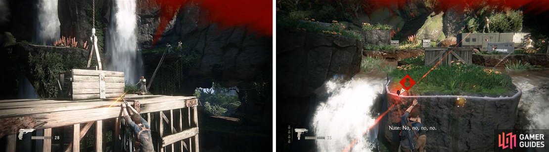 Eliminate the initial enemies by hanging from the side of the elevator (left). Once it&rsquo;s jammed you&rsquo;ll need to move to the ledge by the waterfall (right).