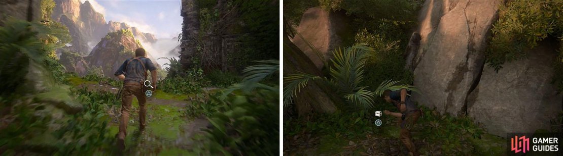 After spotting Sam&rsquo;s footprints (left) grapple the tree and turn around to find a ledge with a treasure (right).