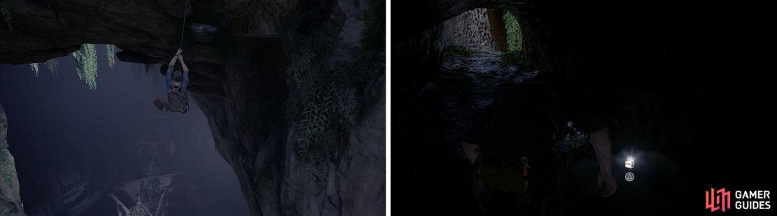While hanging above Avery&rsquo;s ship look for a ledge at the top of the cavern (left) to find a treasure inside the tunnel (right).