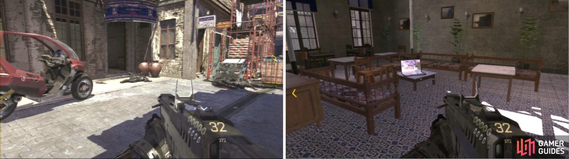 In the building behind the red scooter when you&rsquo;re making your way to the docks.