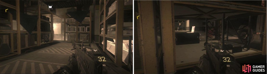 Before going to eavesdrop on Irons and before following Cormack, check to the right underneath the shelves to find your Intel.