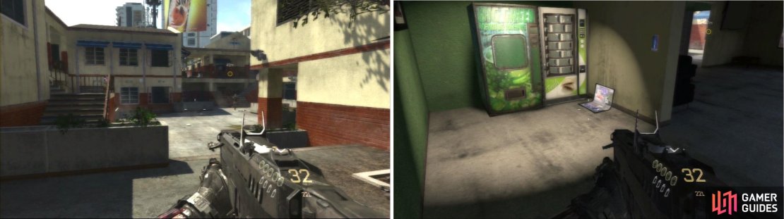 After you first encounter a truck with a turret, check the left side of the school.