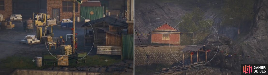 You cannot alert the commander (left), else you will fail. Also, don&rsquo;t forget about the sniper located on the hill (right).