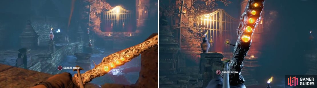There are urns around the arena that you can shoot to make them explode, which is how you&rsquo;re going to blast open the gate.