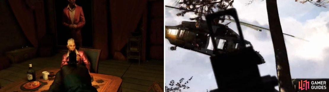 You&rsquo;ll get two opportunities to kill Pagan during the various endings, one by shooting him when given the chance (left) or by shooting his helicopter down after he shows you to Lakshmana (right).