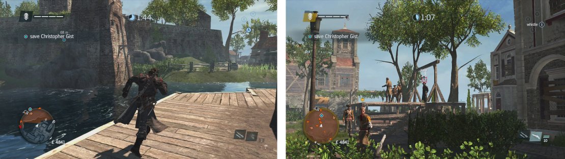 Use the rocks by the wall here to enter the fort (left). Use stalking zones to shoot the rope around the prisoner’s neck undetected (right).